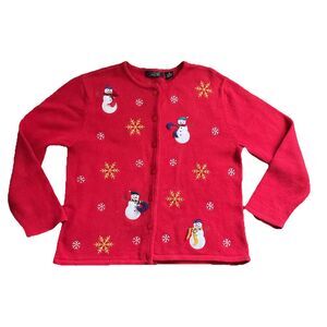 Crystal-Kobe Women's Red Christmas Cardigan‎ Sweater Snowmen Design Size Medium